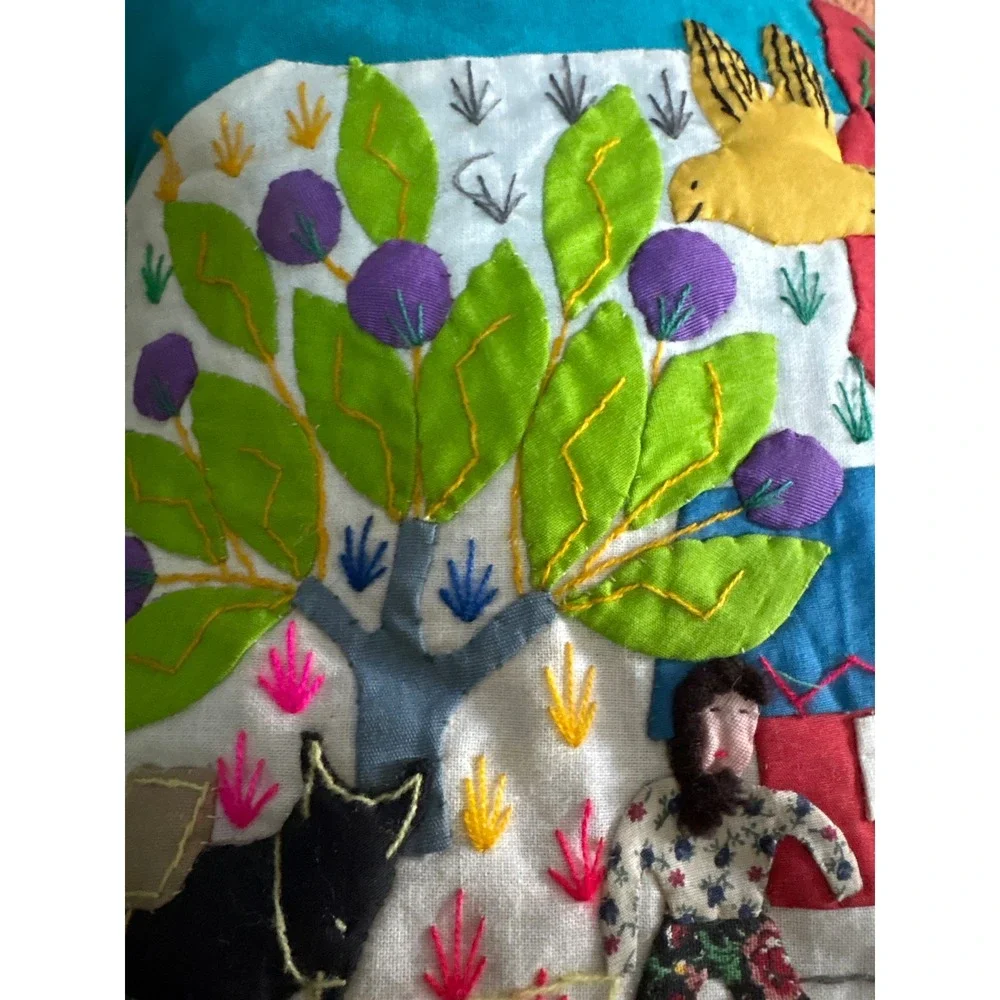Handmade Arpillera Folk Art Pillow Cover Embroidered 3D Village Scene Colorful